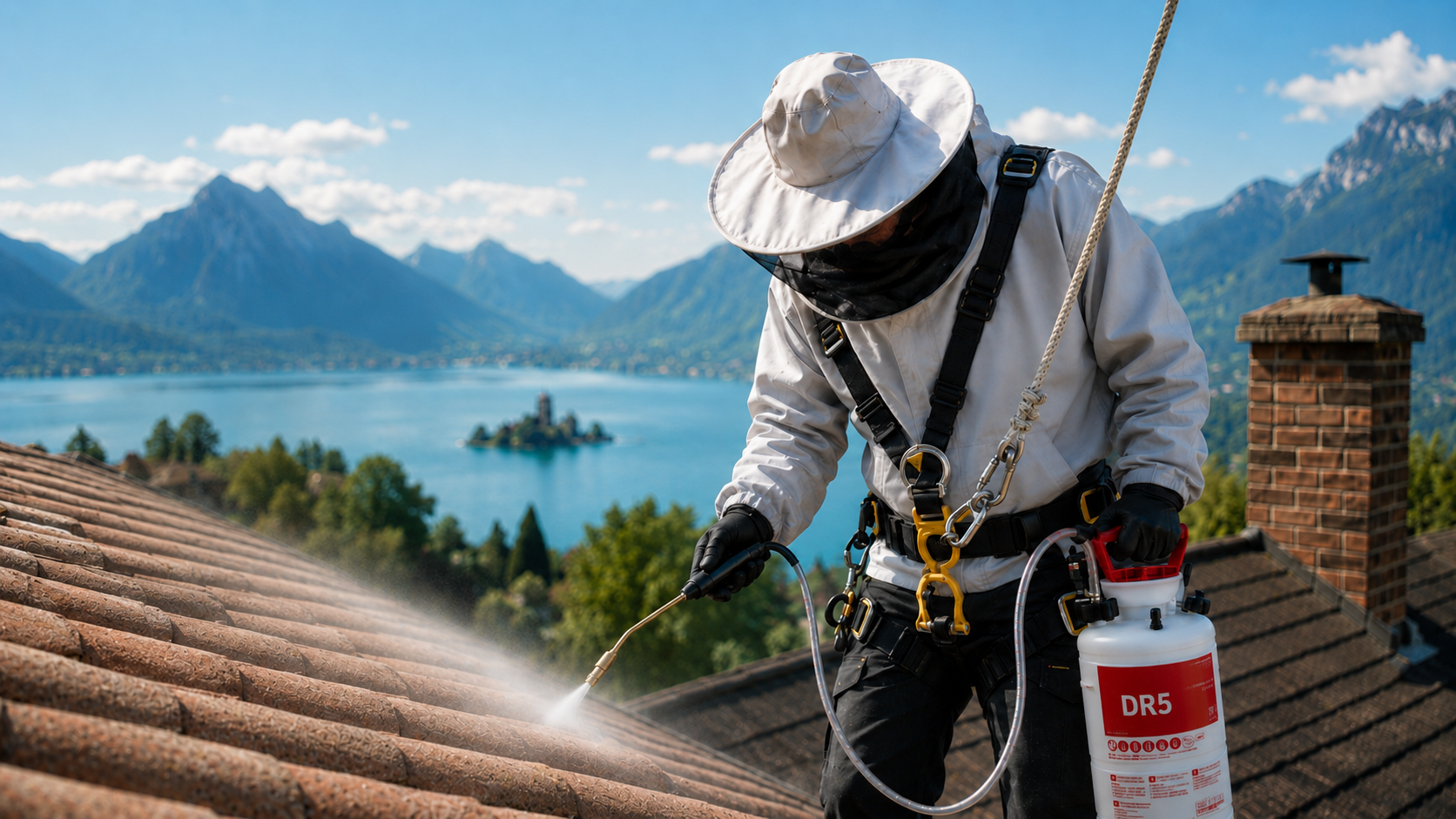 Technicien Alpes Frelons sur toiture — lac et montagnes